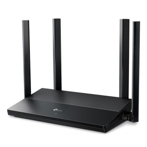 Black wireless router with four external antennas standing upright on a white background.
