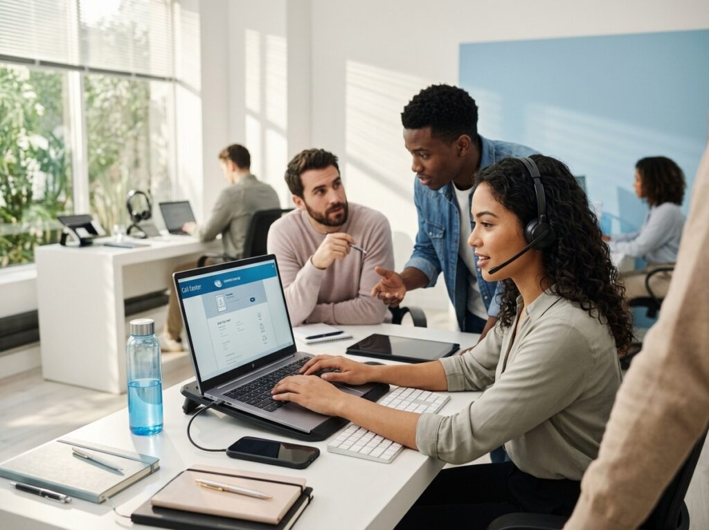 Woman with a headset typing on a laptop at a bright open office as two colleagues discuss nearby.