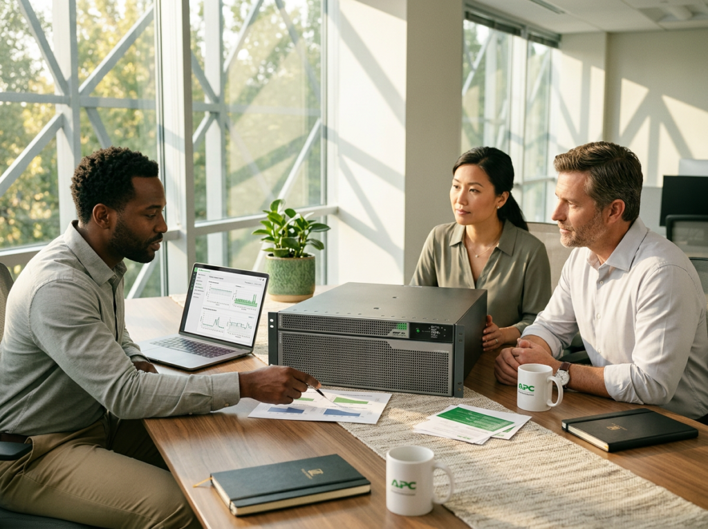 Three professionals discuss data charts at a conference table with a server rack and laptop displaying graphs in a modern office.