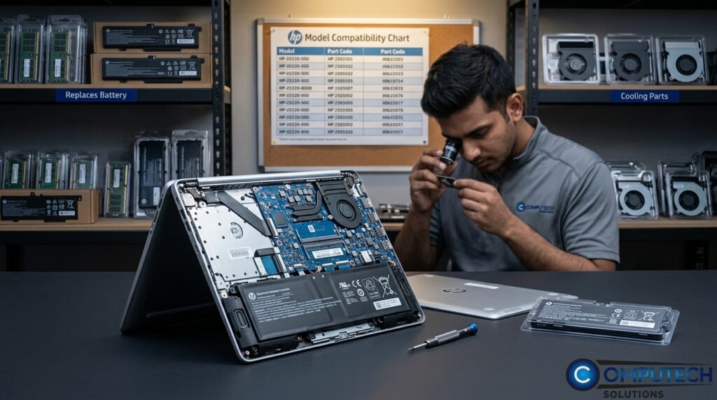Technician inspecting a laptop’s internals on a workbench with components and tools nearby in a repair shop