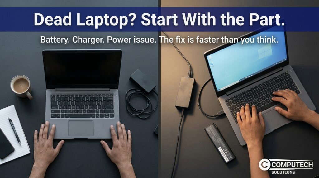 Split-screen scene of two laptops being worked on; left shows hands on the keyboard with a mug and notebook, right shows hands typing with a charger and spare battery nearby; ad for Computech Solutions repair services.
