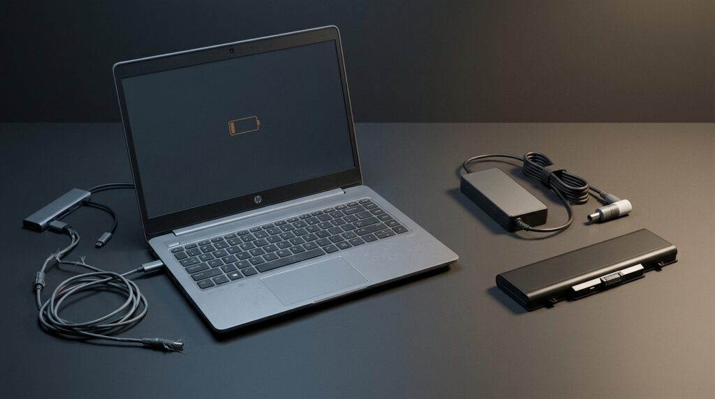 Silver HP laptop on a dark desk connected to its power adapter and long charging cable, with a spare battery and charger nearby exercise the setup.