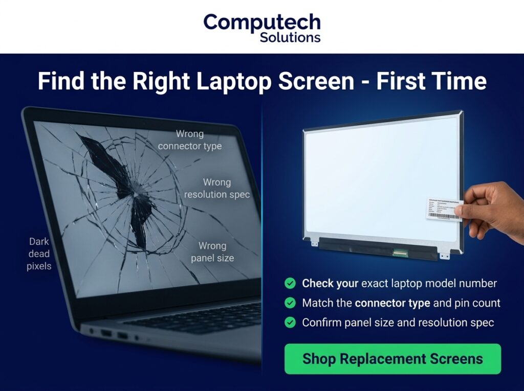 Banner showing a cracked laptop screen on the left and a replacement screen held by a hand on the right, with a green "Shop Replacement Screens" button and checklist.
