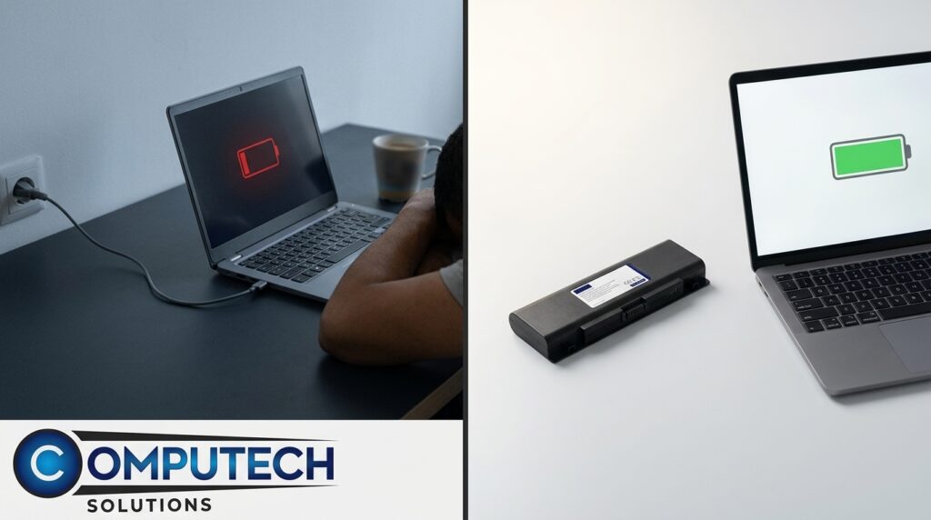Split-screen: left shows a laptop plugged in with a red low-battery icon; right shows a laptop with an external battery pack and a green battery icon on a white desk (Computech Solutions).