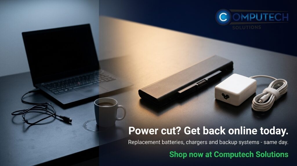 Laptop, battery pack and charger on a desk with Computech Solutions branding; ad offering replacement batteries and backup systems for same-day service.