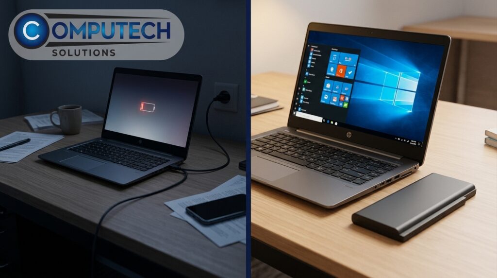 Split-screen: left side shows a laptop charging on a desk with a mug and papers, and a Computech Solutions logo above; right side shows an open HP laptop with a large external drive on a wooden desk.