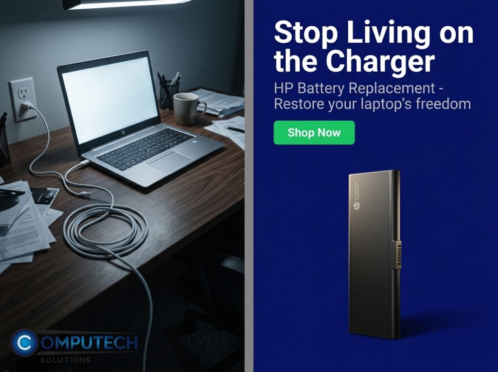 Split image: left shows a desk with a laptop, charging cable, papers, mug, and a logo; right shows a blue HP ad with 'Stop Living on the Charger', a green 'Shop Now' button, and a vertical HP device.