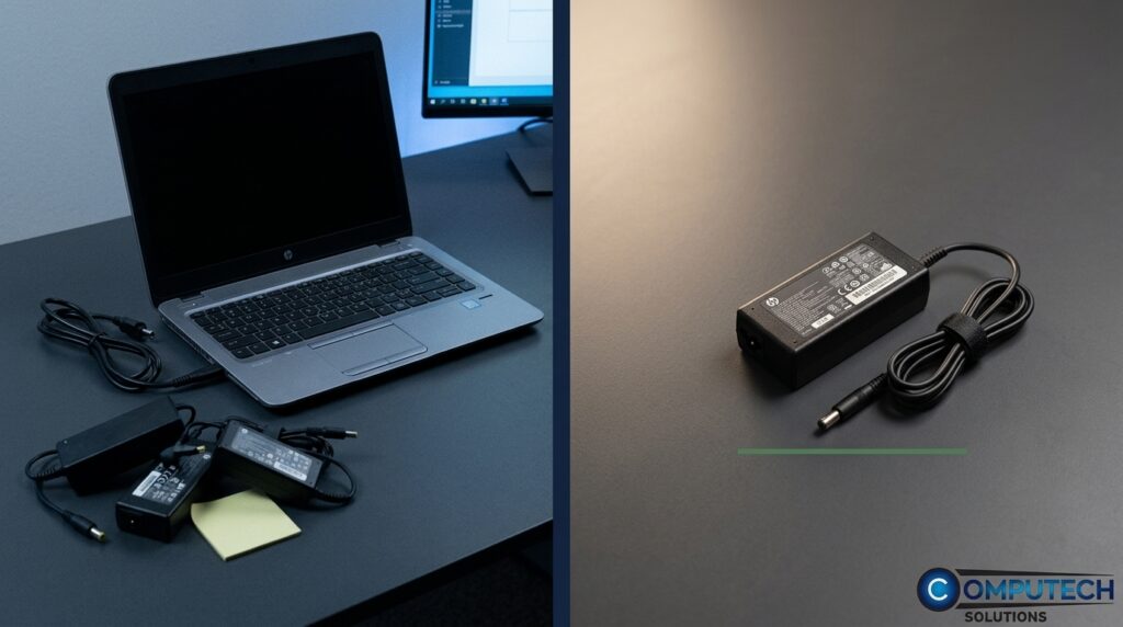 Left side shows a laptop with charging cables and adapters on a desk; right side features a single power adapter on a gray surface with a green line and Computech Solutions logo.