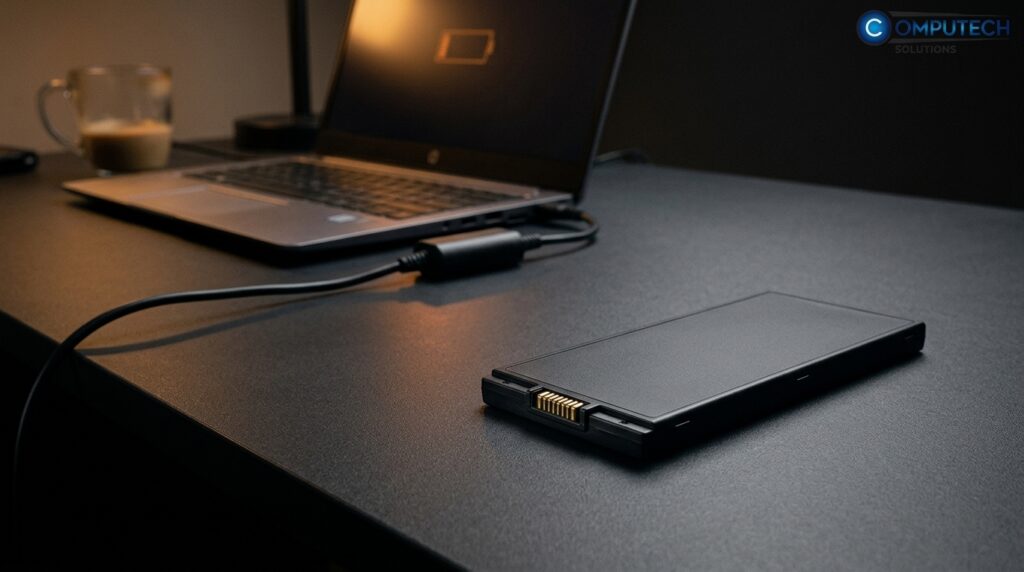 Slim external hard drive on a dark desk beside a laptop, with a USB cable connected.