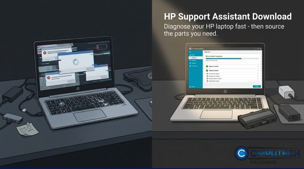 Split-screen illustration: left laptop with multiple error popups, right laptop showing HP Support Assistant Download screen with Computech Solutions logo in the corner.