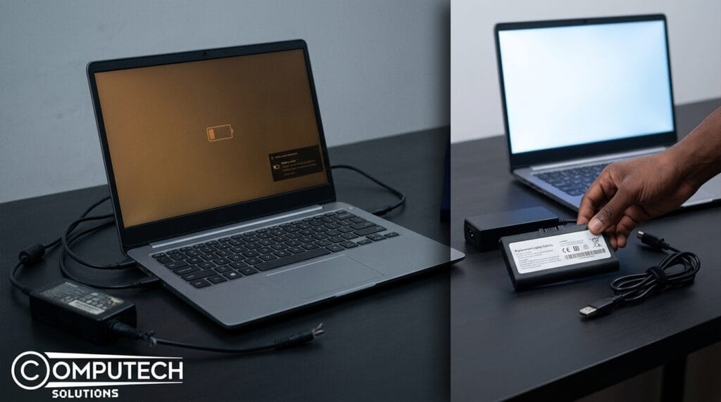 Two laptops on a desk with power adapters: left shows a dim battery screen, right with a hand holding a replacement battery and cables.