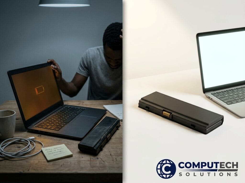 Split image: left shows a person at a desk with a laptop displaying a low battery icon; right shows a laptop beside a black external battery with Computech Solutions branding.