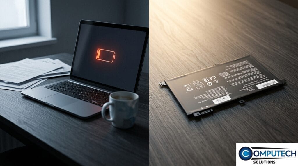 Split image: left side shows a laptop with a red charging icon on screen, alongside papers and a mug on a desk; right side displays a laptop battery on a wooden surface.