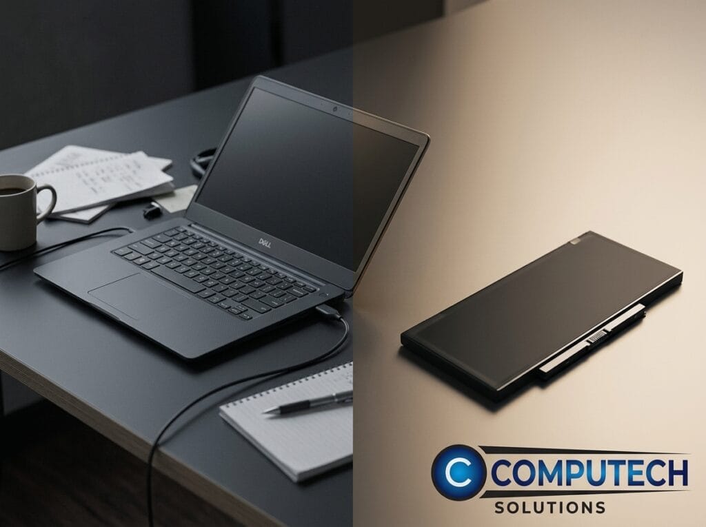 Split image: a workspace with an open laptop, mug, and notebook on the left; a closed black laptop and COMPUTECH Solutions branding on the right.