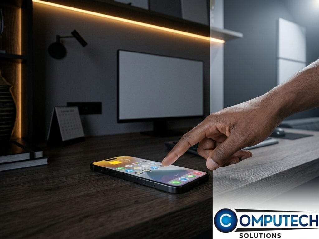 Person taps on a smartphone lying face up on a dark wood desk in a modern home/office workspace, computer monitor and warm LED strip in the background.