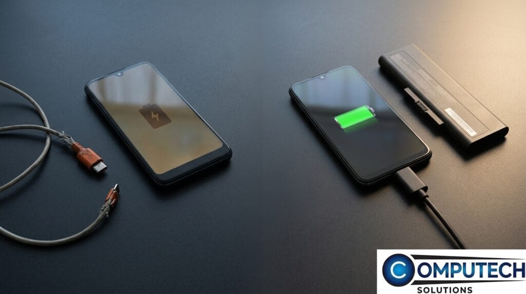 Split view of a smartphone on a dark desk: left shows a low-battery icon with a damaged USB cable; right shows the phone plugged in with a green battery icon and external charger, Computech Solutions logo bottom right.