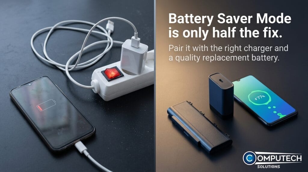 Split image: left shows a smartphone charging from a power strip with a low battery icon; right displays a battery-saver ad with a replacement battery, a phone, and a logo.