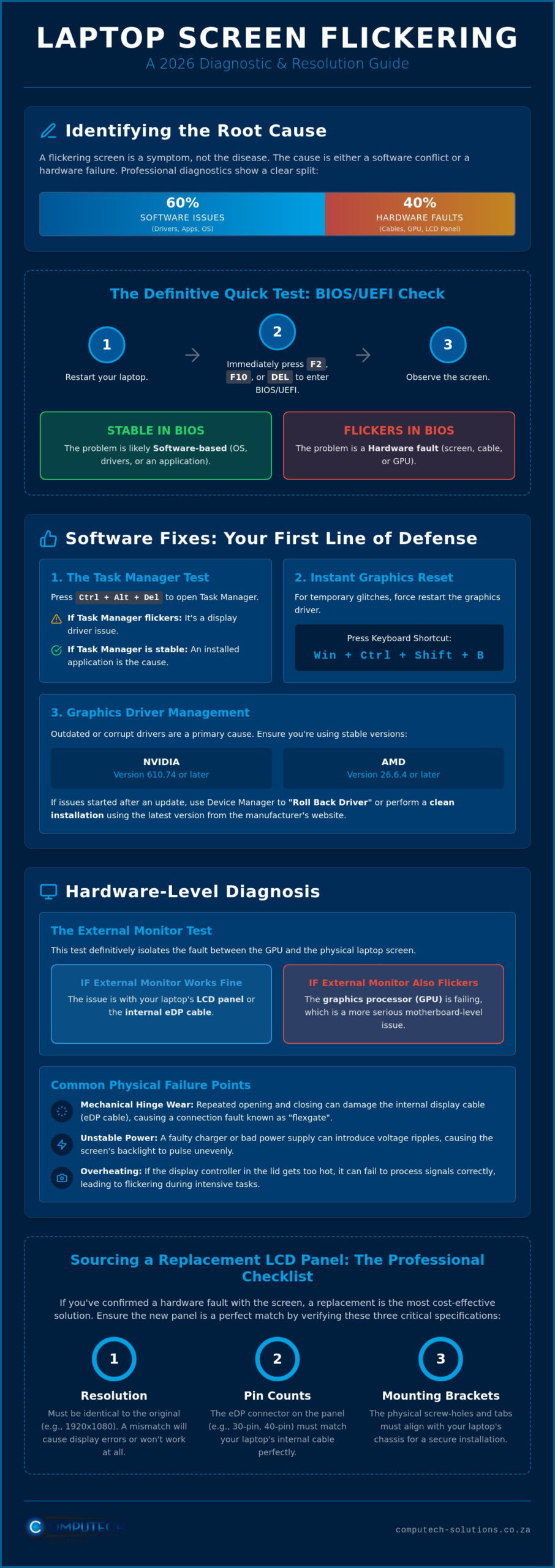 Laptop Screen Flickering Issues and Fixes A Professional Troubleshooting Guide 2026 - Infographic - Computech-Solutions Laptop Screen Flickering Issues and Fixes: A Professional Troubleshooting Guide (2026)