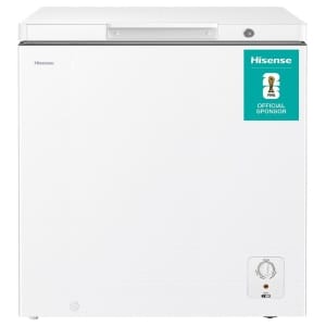 White chest freezer with Hisense logo and a teal FIFA Official Sponsor sticker on the top right corner.