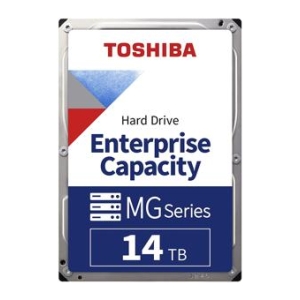 Toshiba Enterprise Capacity MG Series hard drive label showing 14 TB capacity (14 terabytes).