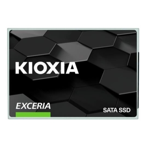 Kioxia Exceria SATA SSD, a 2.5-inch internal drive, with a black hexagon pattern background and bold white lettering.