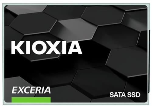 LTC10Z480GG8 - Computech-Solutions Kioxia Exceria SATA SSD, a 2.5-inch internal drive, with a black hexagon pattern background and bold white lettering.