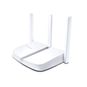 MW305R - Computech-Solutions White wireless router with three external antennas on a plain background, showing its curved chassis and antennas upright.