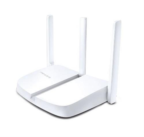 MW305R - Computech-Solutions White wireless router with three external antennas on a plain background, showing its curved chassis and antennas upright.