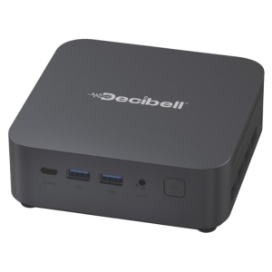 Small black rectangular device with Decibell logo and front-panel ports: USB-C, USB-A x2, audio jack, and power button