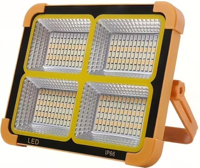 NBLSLIT200ORG ComputechSolutions Portable LED work light with four-panel floodlights in a yellow frame and a fold-out stand, IP66 rated for outdoor use