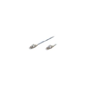 Two small metal electrical connectors attached to blue and white wires on a white background, separated apart.
