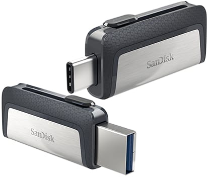 SDDDC2064GG46 ComputechSolutions Two SanDisk USB flash drives with USB-C and USB-A connectors extended from a dark gray, metal-and-plastic casing.