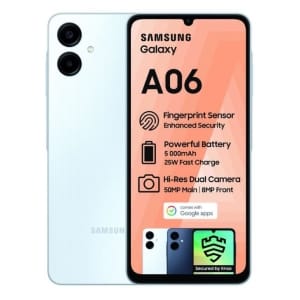 Samsung Galaxy A06 smartphone shown from front and back with a peach feature screen listing: Fingerprint Sensor, 5000mAh battery with 25W fast charge, 50MP main rear camera and 8MP front camera, plus Google apps badge and Security by Knox.