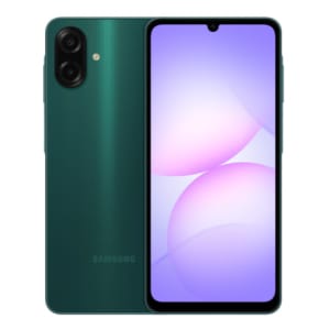 Green Samsung Galaxy smartphone shown from both front and back: back features a vertical triple-camera array with flash; front has a nearly edge-to-edge display with a small notch at the top.