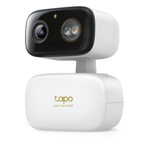 White Tapo home security camera on a rounded base with a movable head, lens and LED indicator.