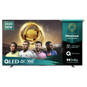 100Q7Q ComputechSolutions QLED 4K 100-inch TV ad showing four soccer stars, a glowing trophy, and a 2025 New badge; Hisense official partner.