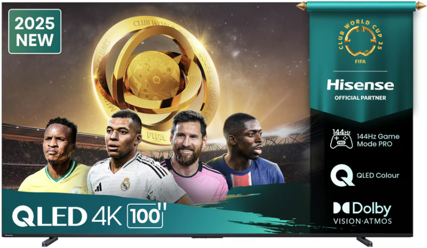 100Q7Q ComputechSolutions QLED 4K 100-inch TV ad showing four soccer stars, a glowing trophy, and a 2025 New badge; Hisense official partner.