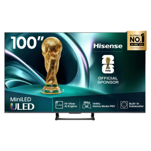 Brand-new 100-inch Hisense LED TV displaying a FIFA World Cup sponsor graphic with a gold trophy in the foreground and 'MiniLED ULED' branding bottom left.