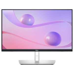 210BHSK ComputechSolutions Dell monitor on a silver stand displaying a pastel purple-pink abstract wallpaper you can see on the screenbed edge: front view.