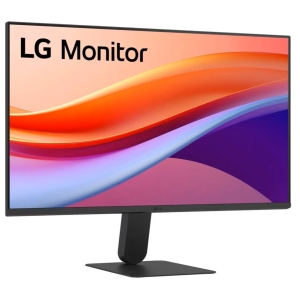 LG computer monitor on a black stand displaying a vibrant abstract wallpaper with orange, pink, and purple waves, against a white background.
