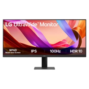 29U511ABAFB ComputechSolutions LG UltraWide monitor on a stand showing a colorful abstract wallpaper with IPS, 100Hz and HDR10 labels.