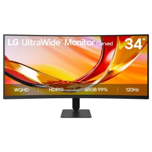 LG UltraWide curved monitor, 34", on a stand; shows WQHD, HDR10, sRGB 99%, and 120Hz.