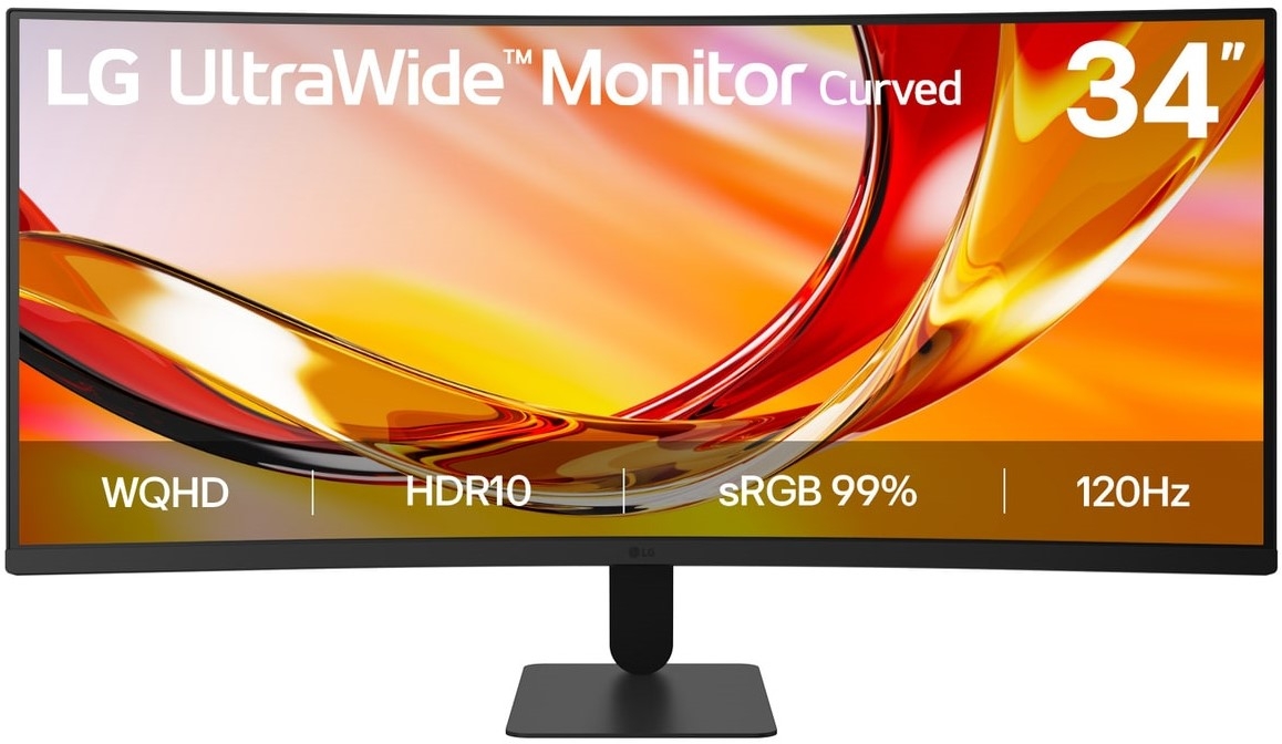 34U601BB ComputechSolutions LG UltraWide curved monitor, 34", on a stand; shows WQHD, HDR10, sRGB 99%, and 120Hz.