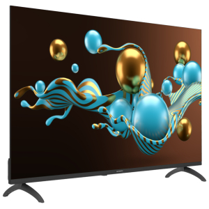40Q5600K - Computech-Solutions Curved flat-screen TV on a stand displaying bright blue and gold abstract ribbons and spheres against a dark background.