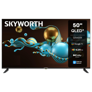 50Q5600K ComputechSolutions 50-inch Skyworth QLED+ TV with blue and gold abstract artwork; right overlay lists Google TV, HDR10, Dolby Audio, Find‑my‑Remote