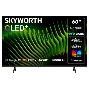 60Q6700H ComputechSolutions Skyworth 60" QLED+ TV with green leaf-like screen design and feature logos on the right panel (Google TV, HDR10+, MEMC, HDMI 2.1).