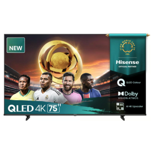 75Q6Q ComputechSolutions New 75-inch QLED 4K TV with four soccer players and a golden trophy in a stadium backdrop; Hisense banner on the right.