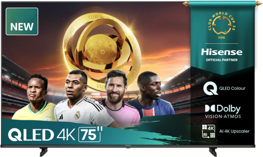 75Q6Q ComputechSolutions New 75-inch QLED 4K TV with four soccer players and a golden trophy in a stadium backdrop; Hisense banner on the right.