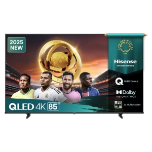 Promo banner for a 85-inch Hisense QLED 4K TV featuring four football players and a golden trophy; 2025 new model highlighted.