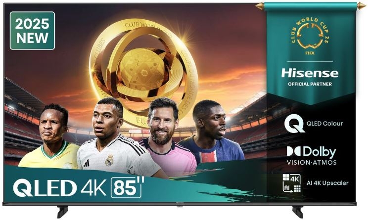 85Q6Q ComputechSolutions Promo banner for a 85-inch Hisense QLED 4K TV featuring four football players and a golden trophy; 2025 new model highlighted.